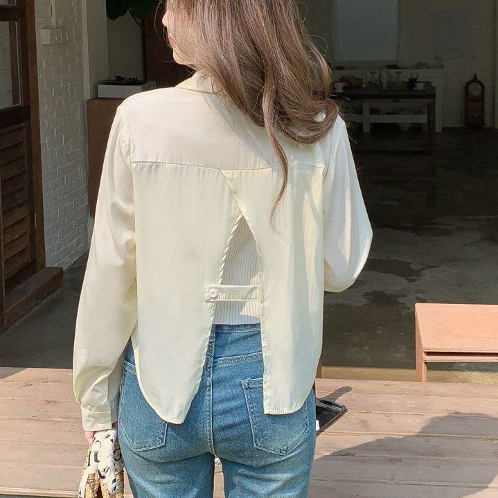 여름 여성 루즈핏 긴팔 시스루 카라 단추 블라우스 셔츠 백트임 데일리 캐주얼 아이보리 - 상품 이미지
