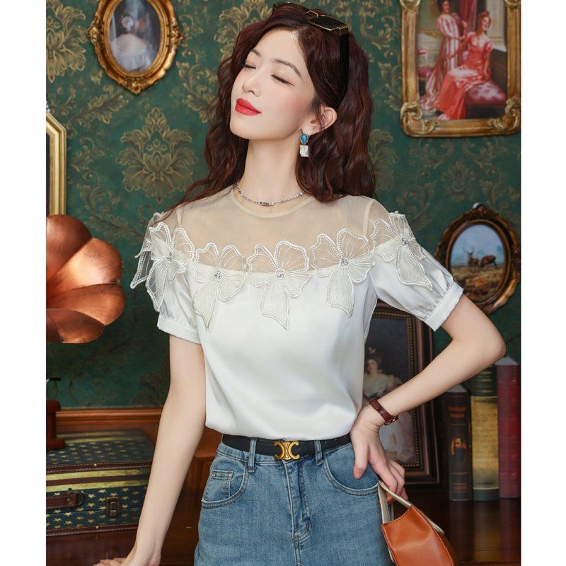 여름 여성 라운드넥 망사 시스루 리본 블라우스 탑 반팔 여성스러운 화이트 - 상세 이미지 3