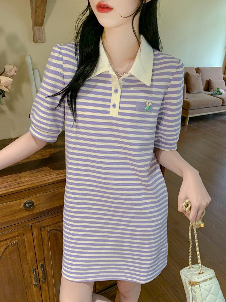 여름 여성 스트라이프 카라 단추 미니 원피스 반팔 H라인 데일리 캐주얼룩 퍼플