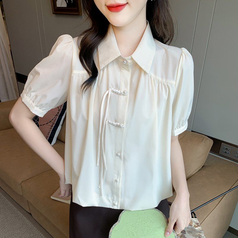 여성 여름 카라 블라우스 퍼프소매 스트링 단추 장식 데일리 복고풍 아이보리 - 상세 이미지 5