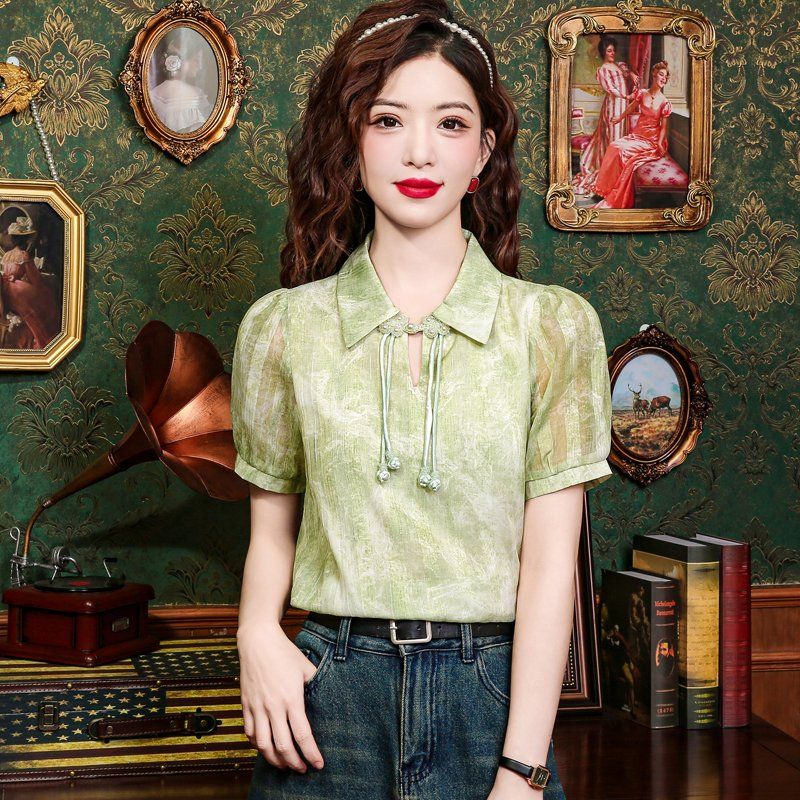 봄 여름 여성 퍼프소매 디자인 카라 패턴 블라우스 셔츠 루즈핏 데일리룩 캐주얼 그린 플라워 - 상품 이미지