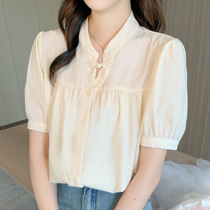 여성 여름 차이나넥 블라우스 퍼프소매 단추 장식 셔링 데일리 여성스러운 아이보리 - 메인 이미지