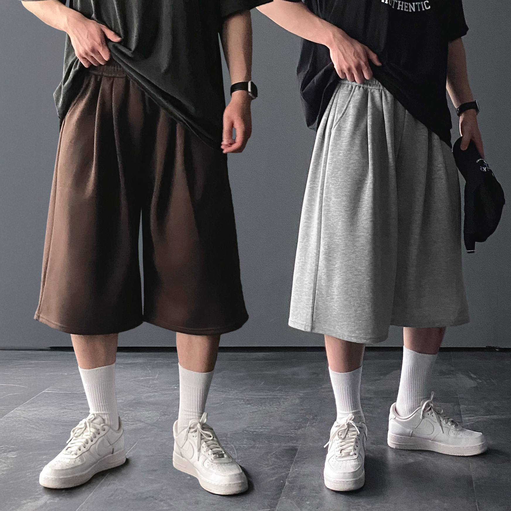 1+1 남자버뮤다팬츠 벌룬팬츠 와이드반바지 회색반바지 - 상품 이미지