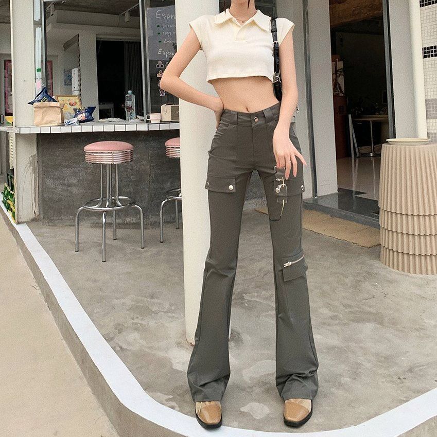 봄 가을 하이웨스트 부츠컷 카고 롱 팬츠 워크웨어 데일리 캐주얼 면바지 차콜 - 상품 이미지