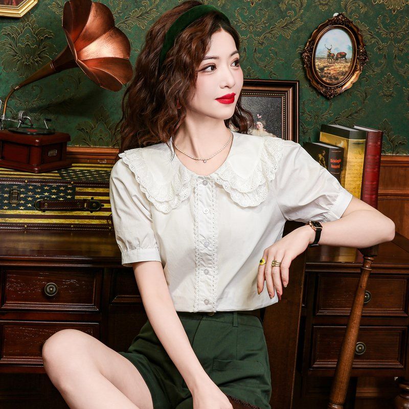 봄 여름 여성 레이스카라 퍼프소매 단추 블라우스 캐주얼 데일리 출근룩 화이트 - 상세 이미지 5