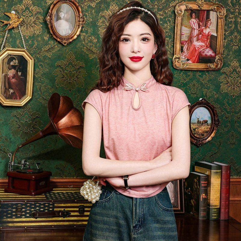 봄 여름 여성 슬림핏 반팔 차이나카라 매듭 키홀넥 블라우스 복고 캐주얼 출근룩 핑크 - 상세 이미지 3