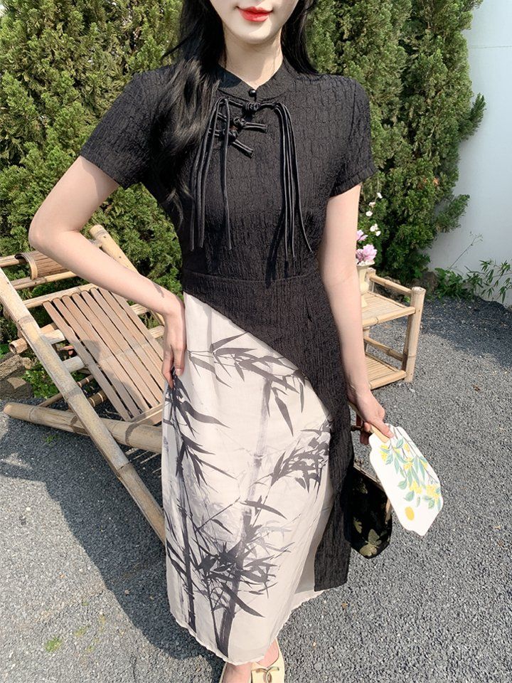 봄 여름 여성 시스루 차이나카라 매듭단추 뱀부패턴 원피스 복고 데일리룩 블랙 아이보리 - 상세 이미지 3