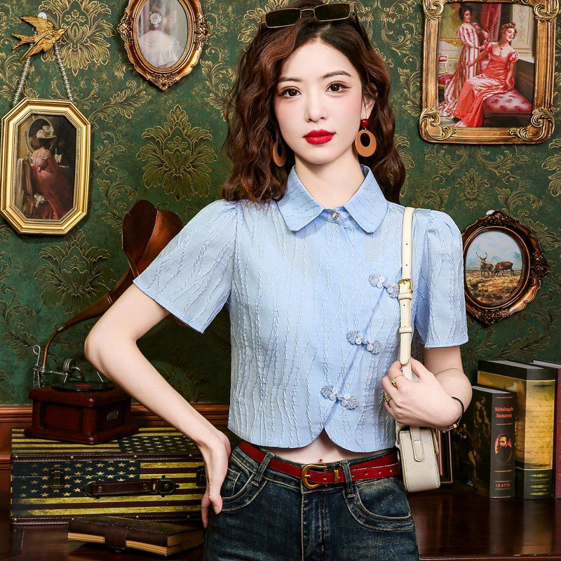 여성 여름 카라 블라우스 퍼프소매 단추 장식 패턴 크롭 데일리 복고풍 블루 - 상세 이미지 3