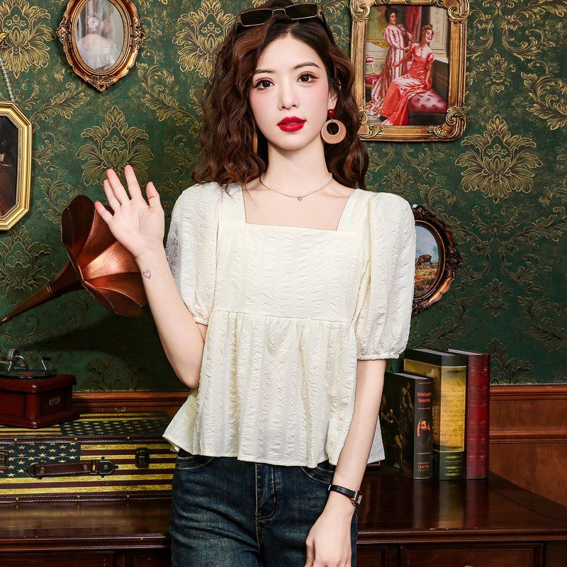 여름 여성 퍼프소매 스퀘어넥 셔링 페플럼 블라우스 여성스러운 아이보리 - 상세 이미지 3