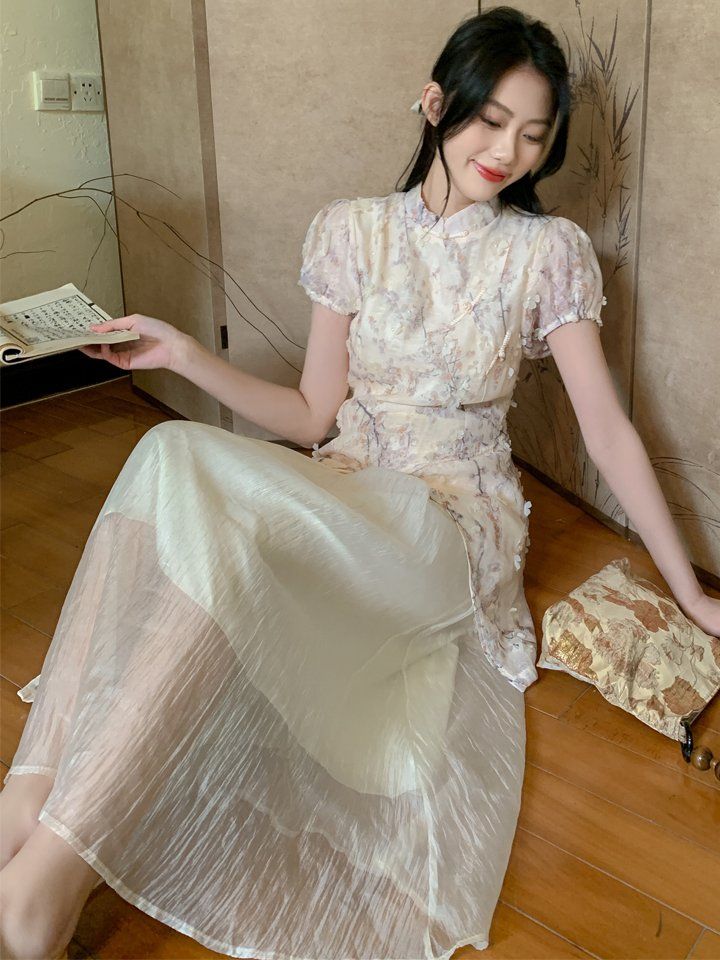 여름 여성 펀칭 플라워 차이나카라 미디 원피스 비대칭 디자인 퍼프소매 아이보리 플라워 - 상세 이미지 4