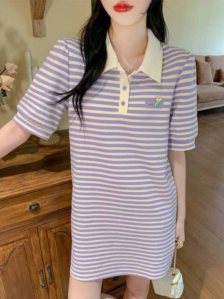 여름 여성 스트라이프 카라 단추 미니 원피스 반팔 H라인 데일리 캐주얼룩 퍼플