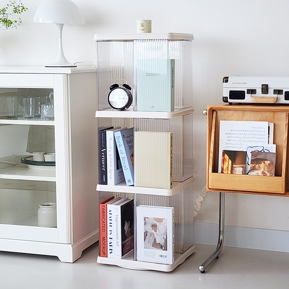 회전 책장 인테리어 책꽂이 투명 조립식 틈새 미니 코너 2단