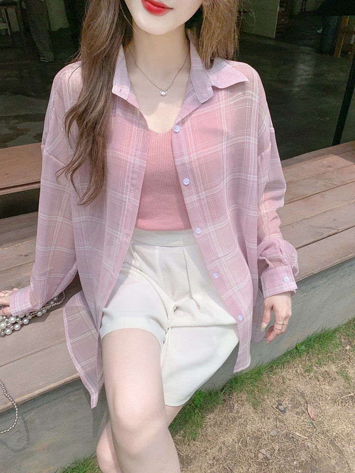 여성 여름 루즈핏 핑크 체크 패턴 긴팔 셔츠 블라우스 얇은 간절기 데일리 - 상세 이미지 3