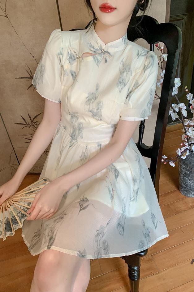 봄 여름 여성 복고풍 차이나카라 매듭단추 뱀부패턴 퍼프소매 원피스 아이보리 뱀부패턴 - 상세 이미지 5