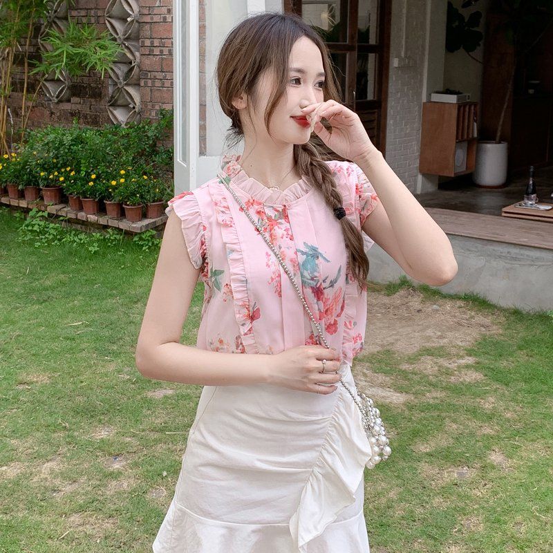 여성 여름 루즈핏 프릴넥 블라우스 민소매 플라워 패턴 데일리 여성스러운 핑크 - 상세 이미지 5
