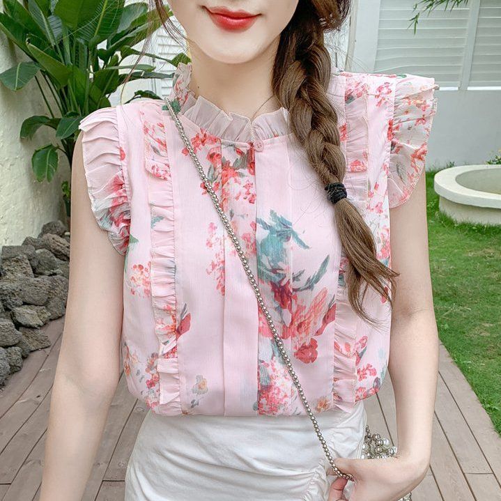 여성 여름 루즈핏 프릴넥 블라우스 민소매 플라워 패턴 데일리 여성스러운 핑크 - 메인 이미지