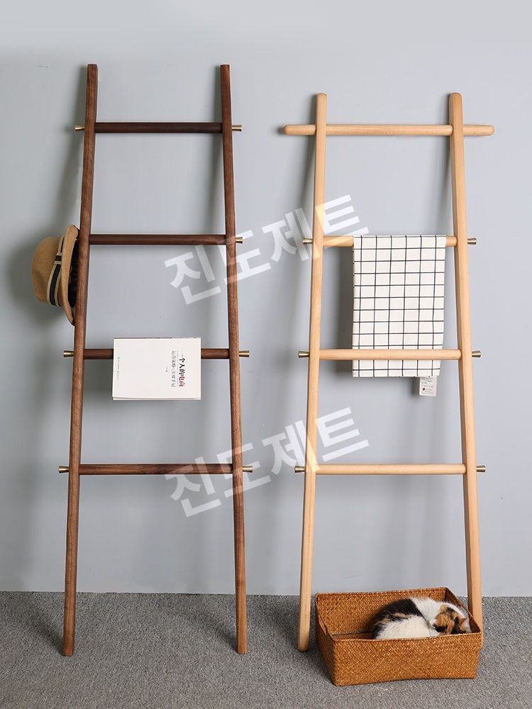 사다리 행거 벽거치형 호텔식 수건랙 우드 건조대 걸이대 너도밤나무 표준 4후크 - 상품 이미지