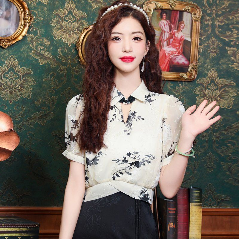 여름 여성 플라워 패턴 반팔 블라우스 셔츠 카라넥 V넥 퍼프소매 아이보리 플라워 - 상세 이미지 2