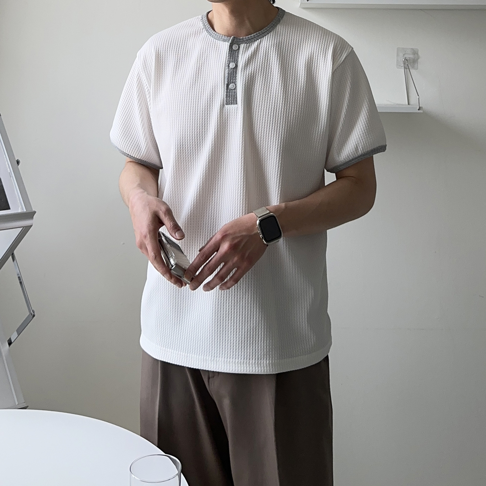남자 반팔티 구김없는 빅사이즈 와플 헨리넥 반팔 링거티 - 상세 이미지 3