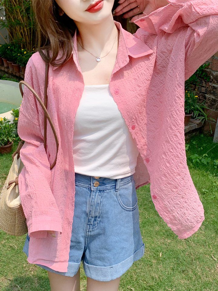여성 여름 루즈핏 오버핏 시스루 긴팔 셔츠 블라우스 얇은 간절기 썸머 아우터 핑크 - 상세 이미지 2