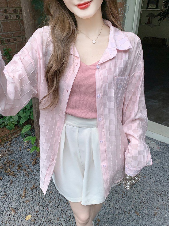 여름 여성 루즈핏 중기장 긴팔 시스루 카라 블라우스 셔츠 체크 핑크 - 상세 이미지 2