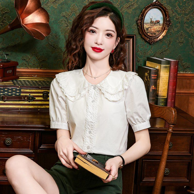봄 여름 여성 레이스카라 퍼프소매 단추 블라우스 캐주얼 데일리 출근룩 화이트 - 상품 이미지