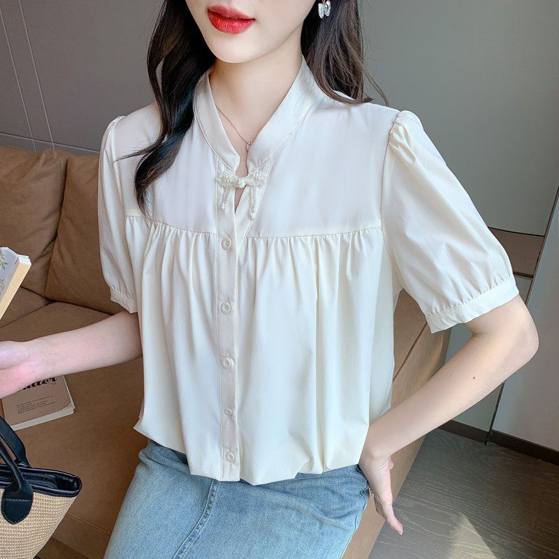 여성 여름 차이나넥 블라우스 퍼프소매 단추 장식 셔링 데일리 여성스러운 아이보리 - 상세 이미지 2