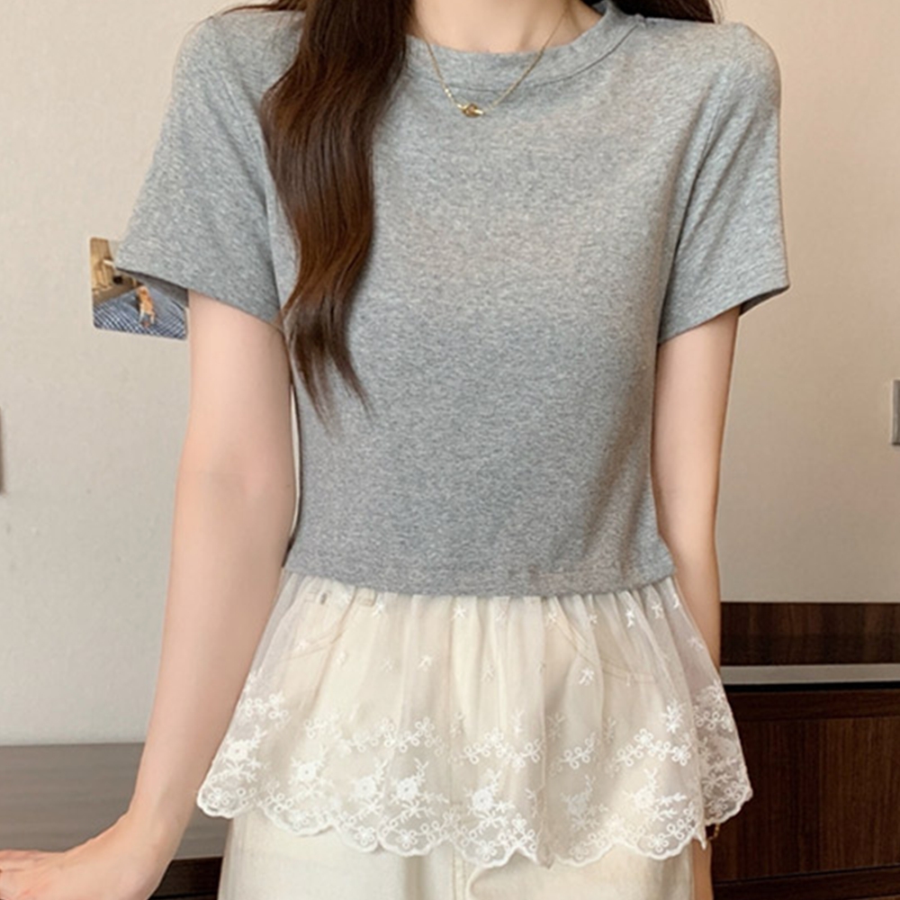 레이어드반팔티 세미크롭 여성 라운드 레이스 반팔티 - 상세 이미지 3
