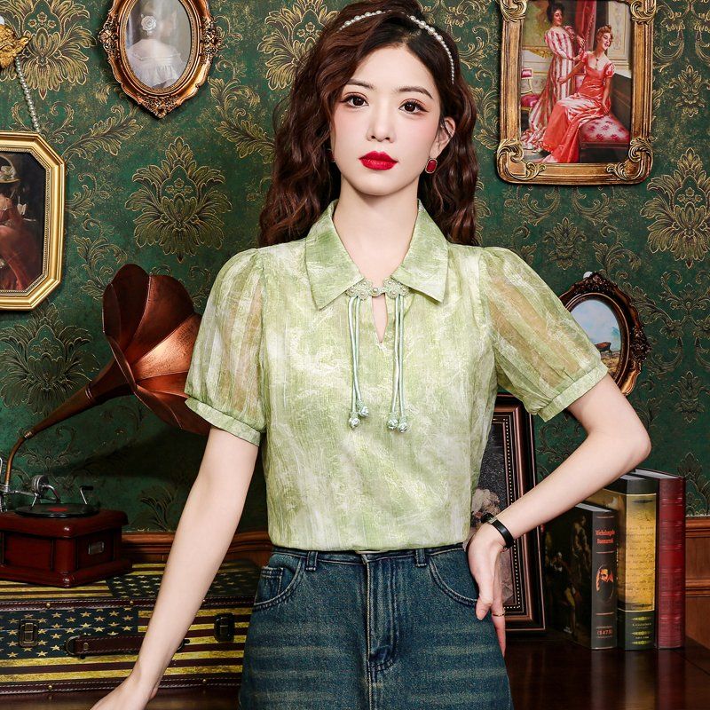 봄 여름 여성 퍼프소매 디자인 카라 패턴 블라우스 셔츠 루즈핏 데일리룩 캐주얼 그린 플라워 - 상세 이미지 3