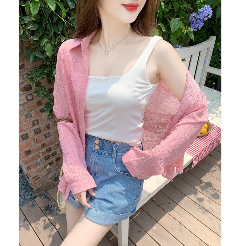 여성 여름 루즈핏 오버핏 시스루 긴팔 셔츠 블라우스 얇은 간절기 썸머 아우터 핑크 - 상세 이미지 5