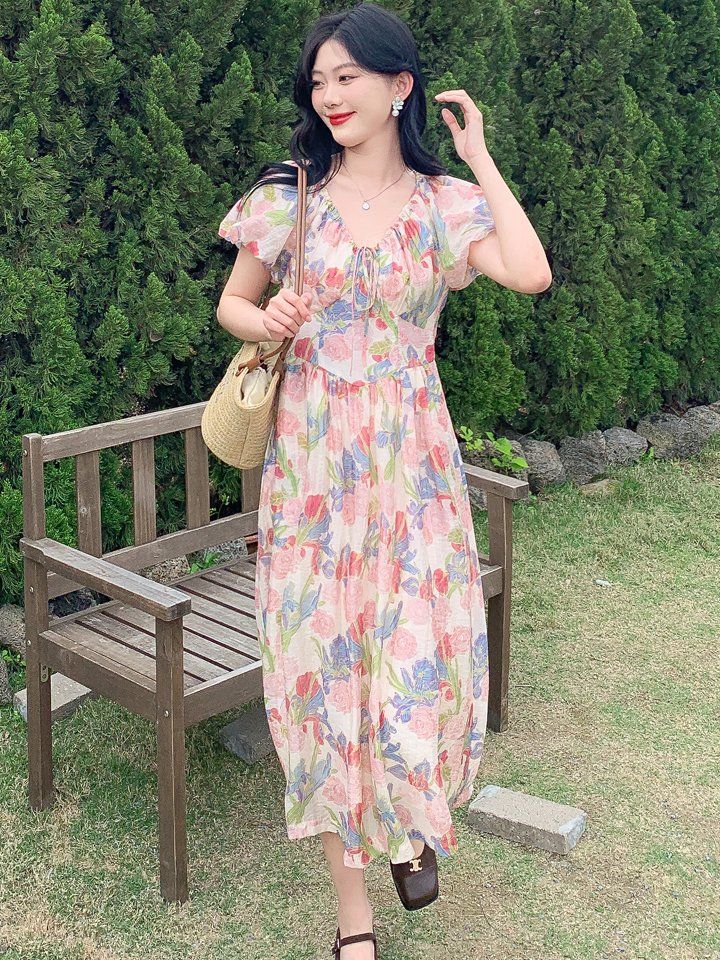 여름 여성 오프숄더 퍼프소매 플라워 패턴 롱 원피스 A라인 밴딩 데일리룩 아이보리 플라워 - 상세 이미지 2