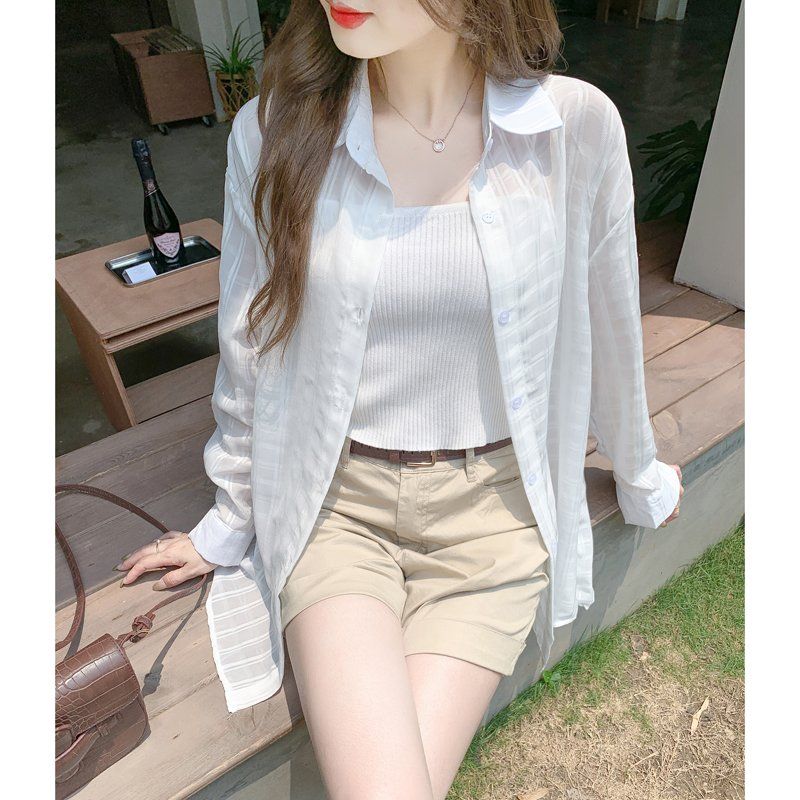 여름 여성 루즈핏 중기장 긴팔 시스루 카라 스트링 단추 격자 블라우스 셔츠 화이트 - 상세 이미지 5