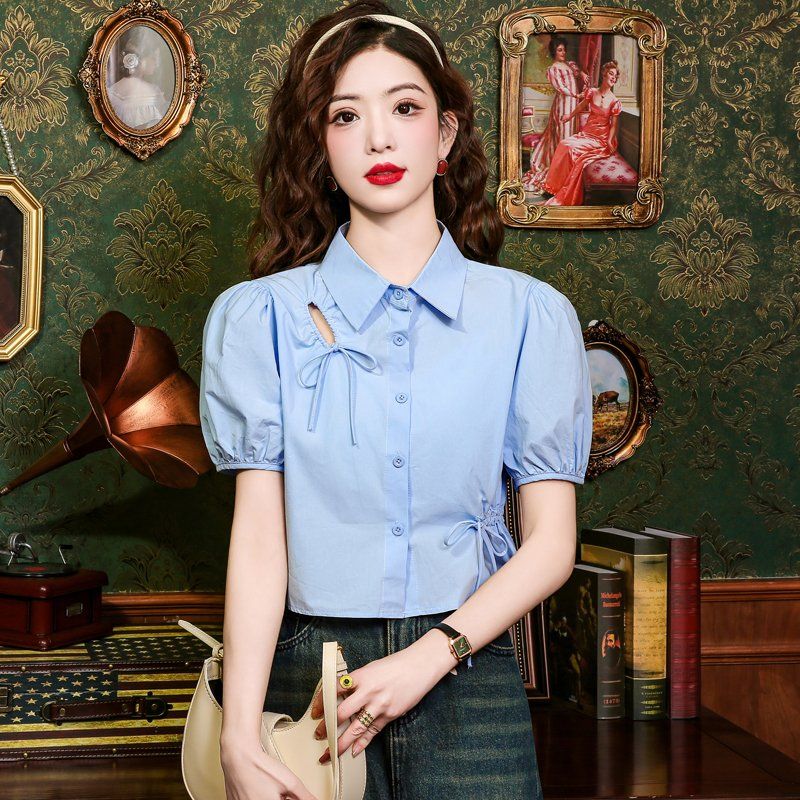 봄 여름 여성 퍼프소매 카라 스트링 단추 블라우스 셔츠 루즈핏 데일리 캐주얼 라이트블루 - 상세 이미지 3