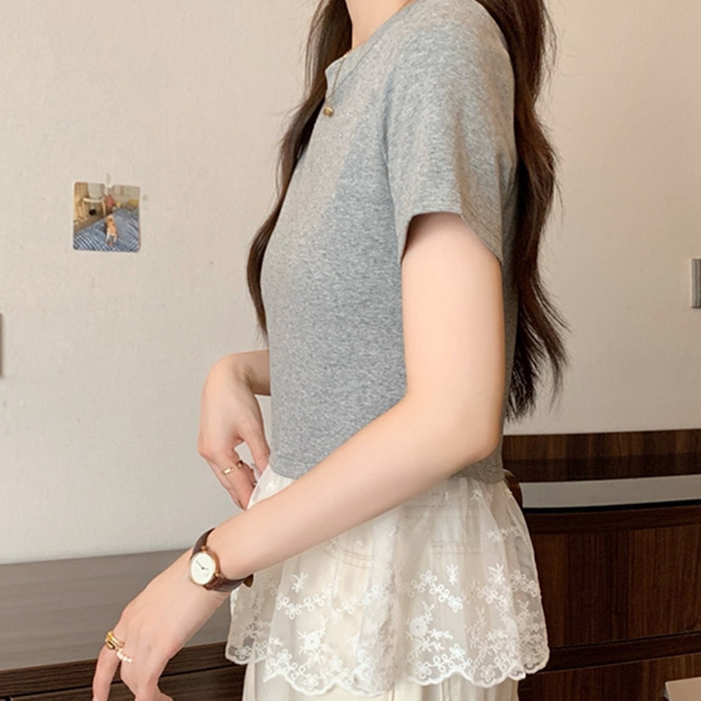 레이어드반팔티 세미크롭 여성 라운드 레이스 반팔티 - 상세 이미지 4
