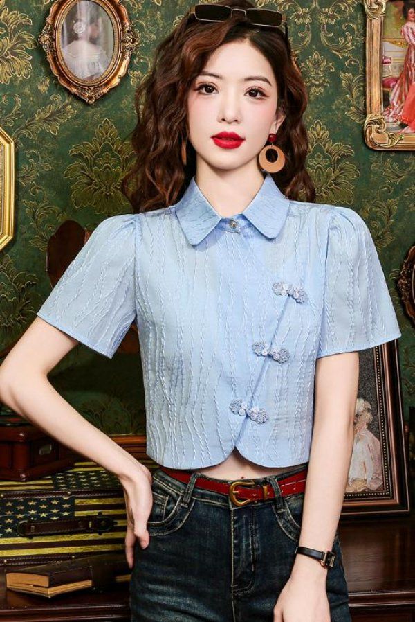 여성 여름 카라 블라우스 퍼프소매 단추 장식 패턴 크롭 데일리 복고풍 블루 - 상세 이미지 5