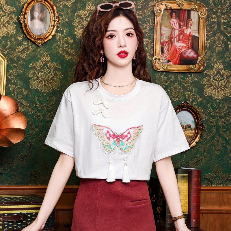 여름 여성 나비 자수 태슬 라운드넥 반팔 티셔츠 복고 캐주얼 기본핏 화이트 - 상세 이미지 2