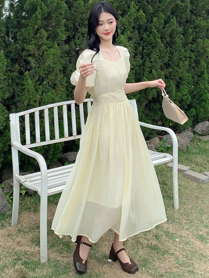 여름 여성 스퀘어넥 퍼프소매 밴딩 허리 미디 원피스 A라인 데일리 캐주얼 아이보리 - 상세 이미지 3