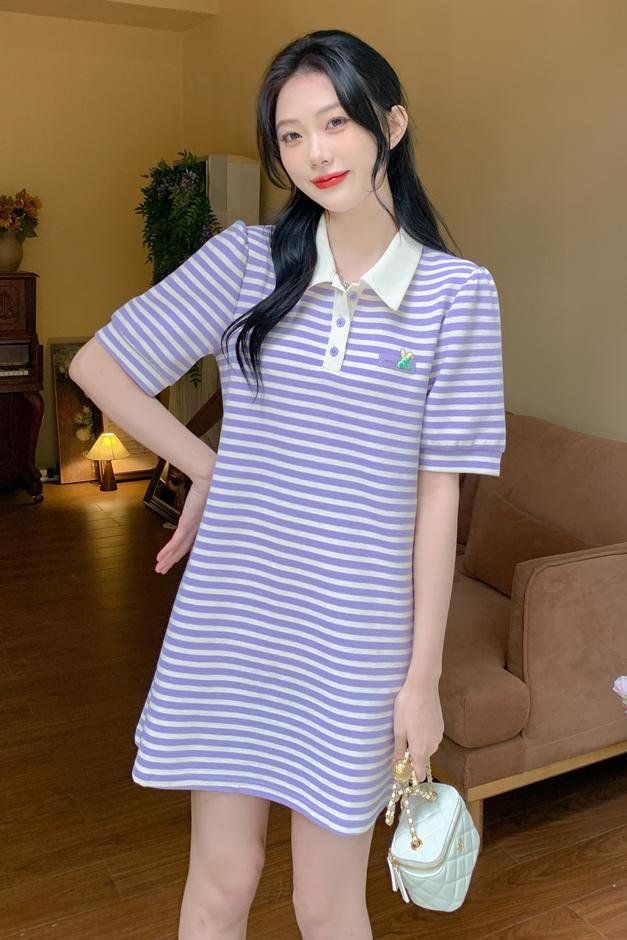 여름 여성 스트라이프 카라 단추 미니 원피스 반팔 H라인 데일리 캐주얼룩 퍼플