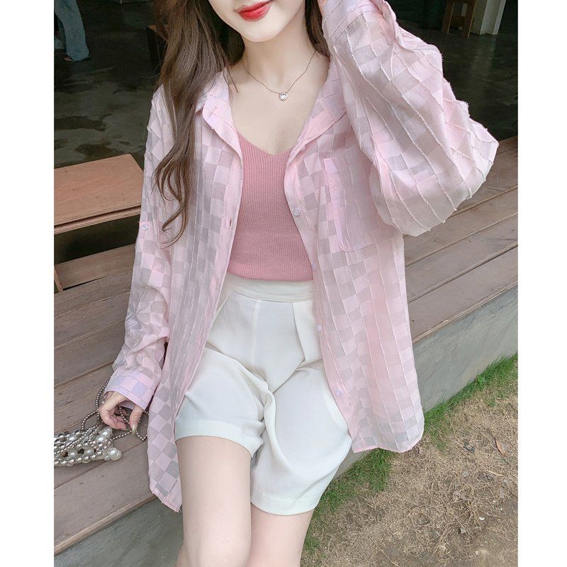 여름 여성 루즈핏 중기장 긴팔 시스루 카라 블라우스 셔츠 체크 핑크 - 상세 이미지 5