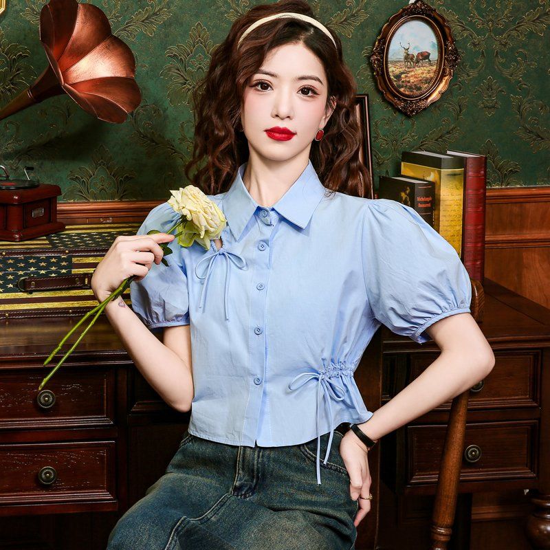 봄 여름 여성 퍼프소매 카라 스트링 단추 블라우스 셔츠 루즈핏 데일리 캐주얼 라이트블루 - 상세 이미지 5