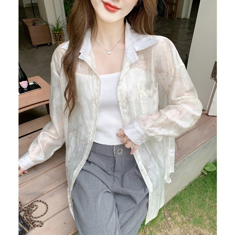 여름 여성 루즈핏 긴팔 시스루 카라 블라우스 셔츠 마블 아이보리 - 상세 이미지 5