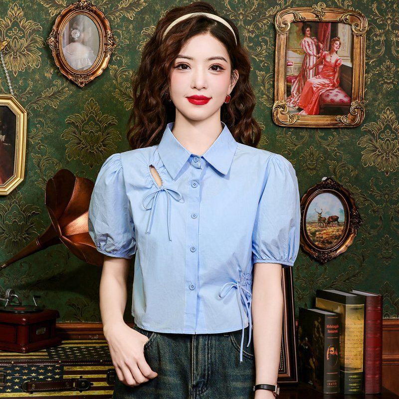봄 여름 여성 퍼프소매 카라 스트링 단추 블라우스 셔츠 루즈핏 데일리 캐주얼 라이트블루 - 상품 이미지