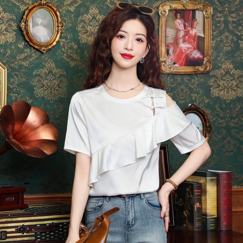 여름 여성 언발 러플 라운드넥 반팔 티셔츠 어깨 트임 매듭 디테일 화이트 - 상세 이미지 2