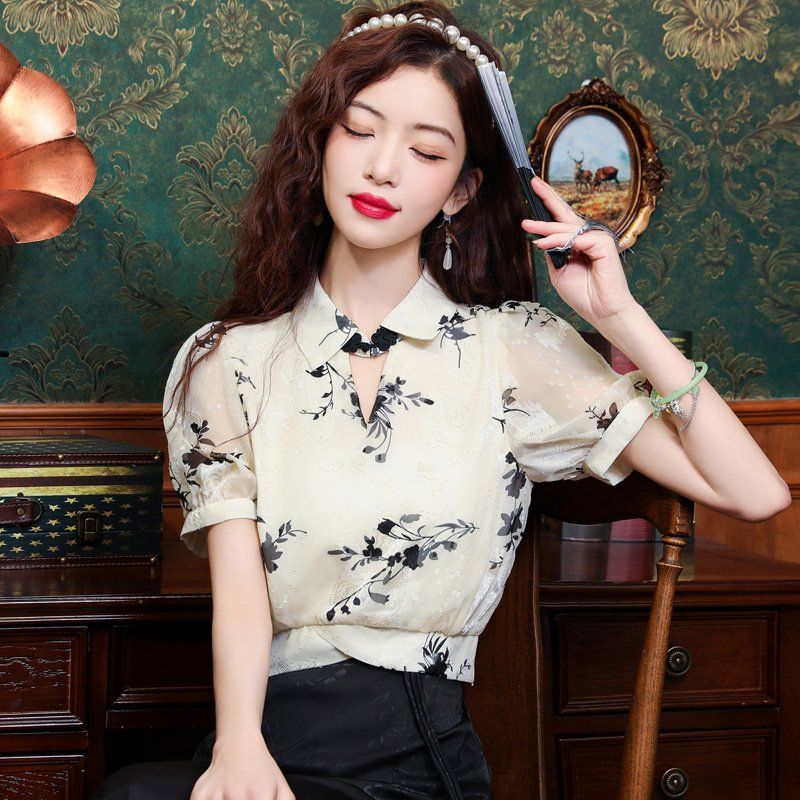 여름 여성 플라워 패턴 반팔 블라우스 셔츠 카라넥 V넥 퍼프소매 아이보리 플라워 - 상세 이미지 5