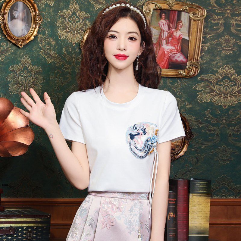 여름 여성 용봉 자수 라운드넥 반팔 티셔츠 스트링 기본핏 데일리 캐주얼 화이트 - 상품 이미지