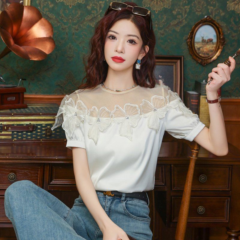 여름 여성 라운드넥 망사 시스루 리본 블라우스 탑 반팔 여성스러운 화이트 - 상세 이미지 4