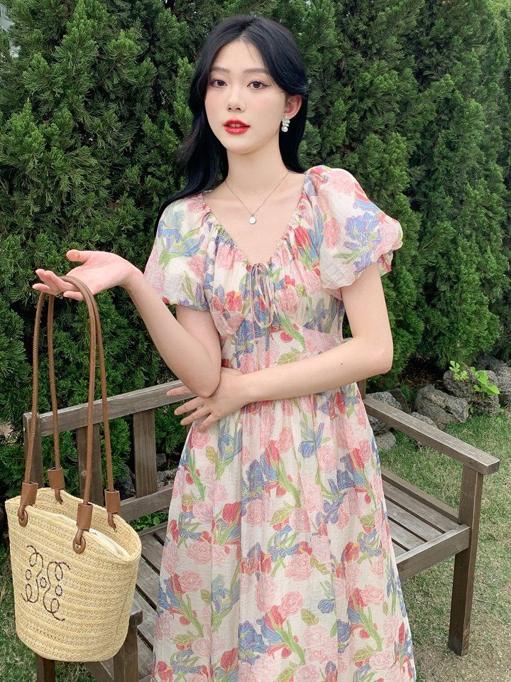 여름 여성 오프숄더 퍼프소매 플라워 패턴 롱 원피스 A라인 밴딩 데일리룩 아이보리 플라워 - 상세 이미지 3