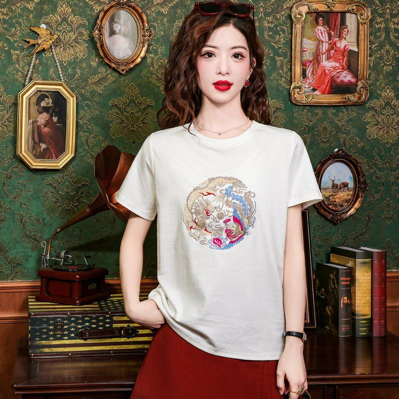 여름 여성 용봉 자수 라운드넥 반팔 티셔츠 복고 캐주얼 기본핏 데일리룩 화이트 - 상세 이미지 4