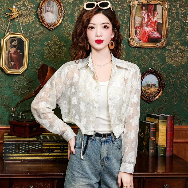 여름 여성 시스루 플라워 패턴 긴팔 크롭 블라우스 셔츠 스트링 카라 아이보리 - 상세 이미지 2