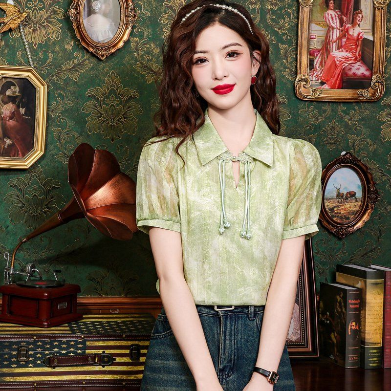 봄 여름 여성 퍼프소매 디자인 카라 패턴 블라우스 셔츠 루즈핏 데일리룩 캐주얼 그린 플라워 - 상세 이미지 2